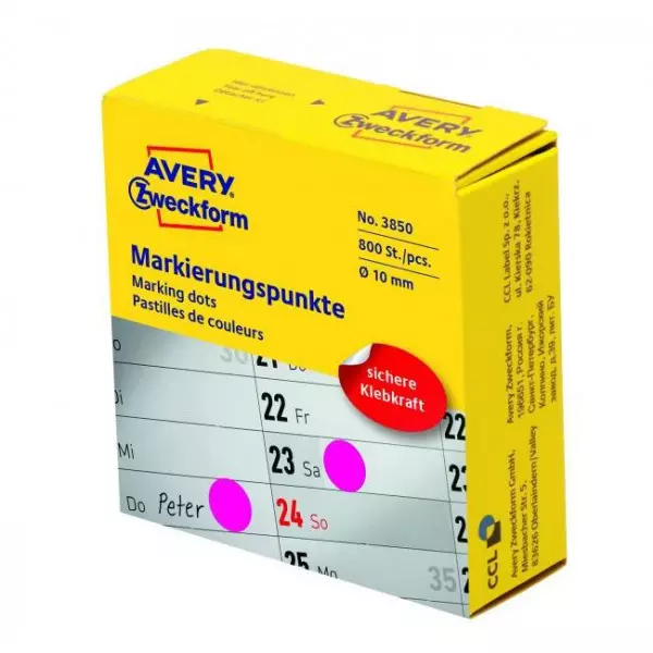 Etikety kruhové 10mm Avery purpurové v dispenzore