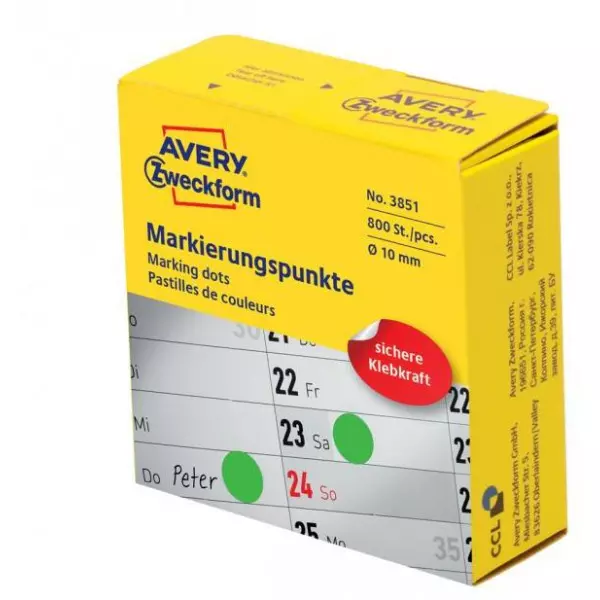 Etikety kruhové 10mm Avery zelené v dispenzore
