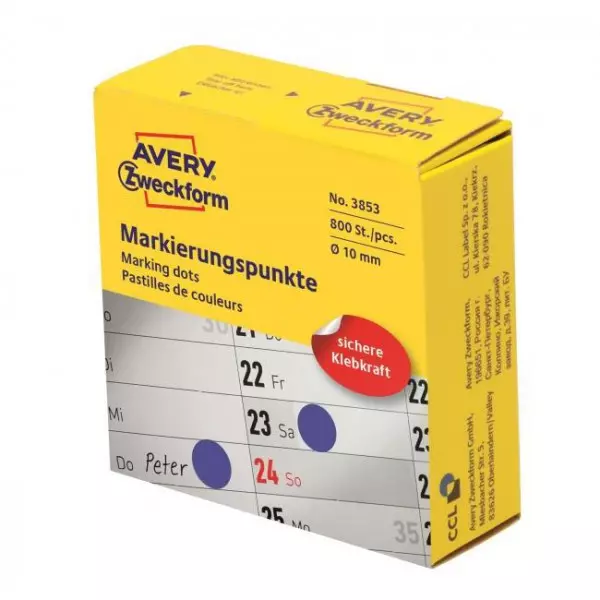 Etikety kruhové 10mm Avery modré v dispenzore