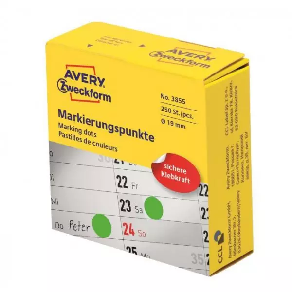 Etikety kruhové 19mm Avery zelené v dispenzore