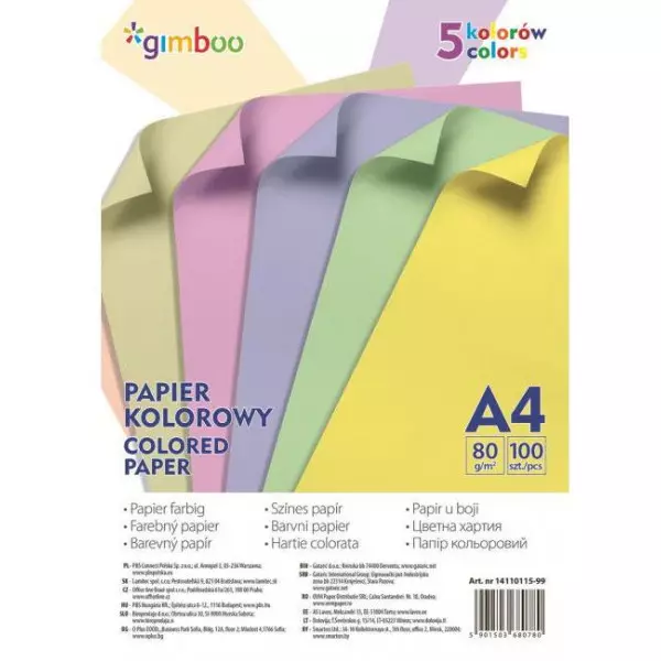 Farebný papier Gimboo A4 100 listov 80g 5 pastelových farieb