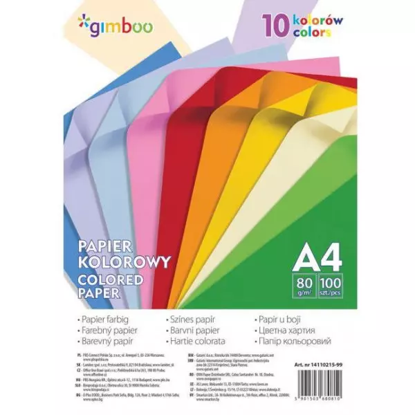 Farebný papier Gimboo A4 100 listov 80g 10 neónových farieb