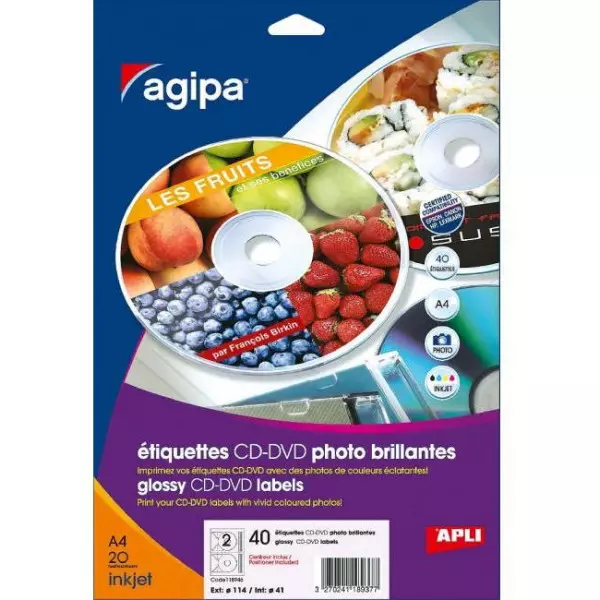 Etikety univerzálne na CD/DVD priemer 114mm Agipa 100 hárkov