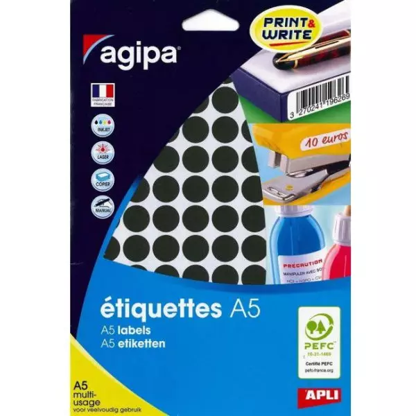 Etikety kruhové 15mm Agipa A5 čierne