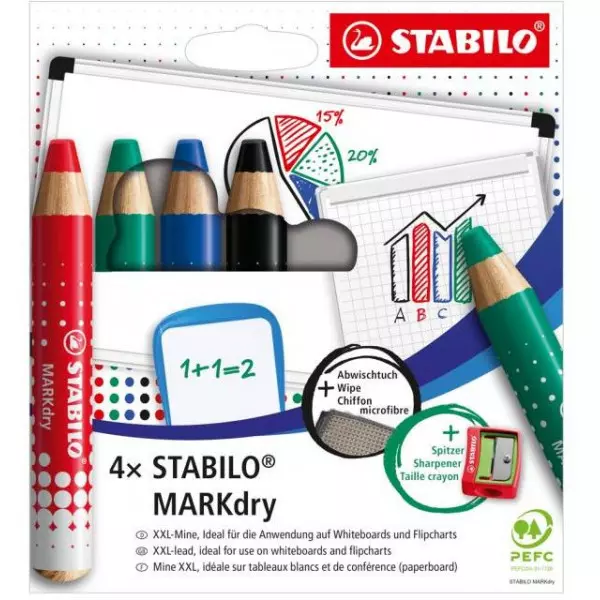 Sada STABILO MARKdry na tabuľu a flipchart 4f so strúhadlom a utierkou