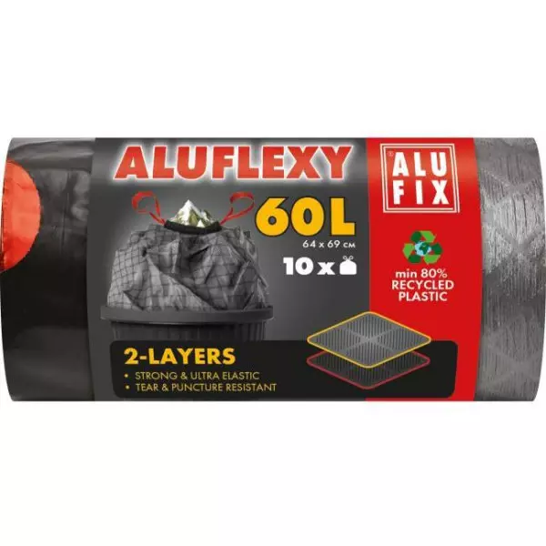 Vrecia na odpadky zaťahovacie, 60 l / 10 ks, 33my, LDPE 2 vrstvové, 64 x 69 cm, sivo-čierne