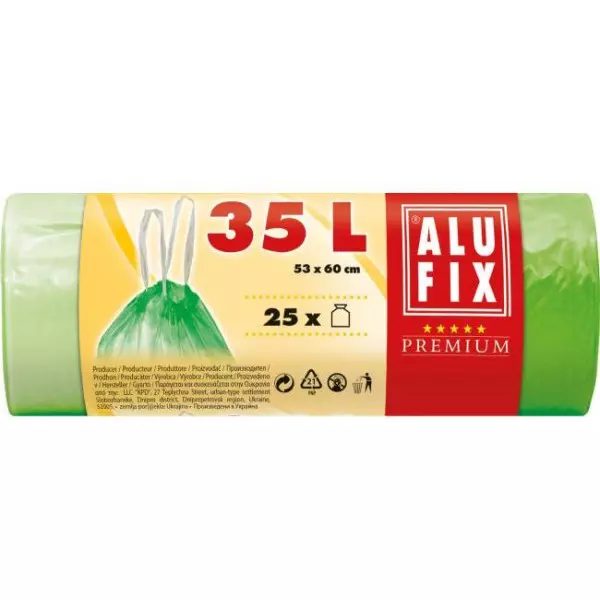 Vrecia na odpadky zaťahovacie 35 l / 25 ks, 14my, 53 x 60 cm, zelené, HDPE
