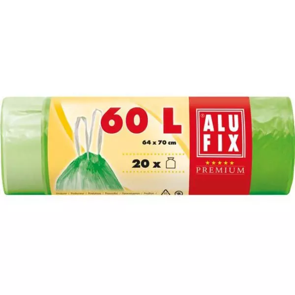 Vrecia na odpadky zaťahovacie 60 l / 20 ks, 15my, 64 x 70 cm, zelené, HDPE