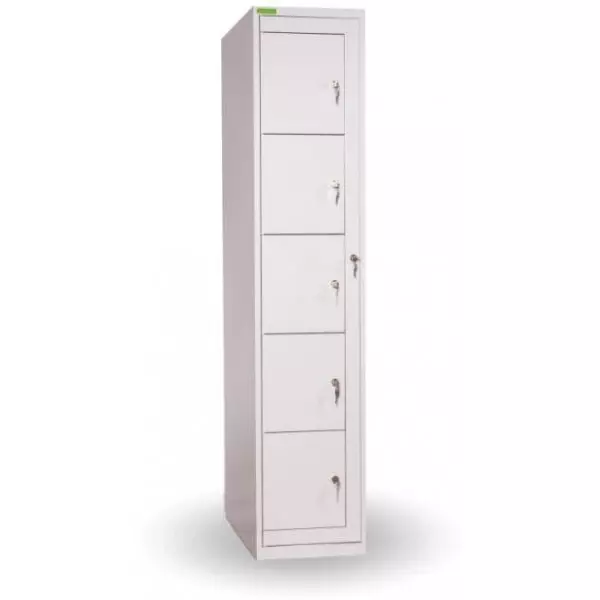 Skriňa na výdaj pracovného oblečenia s 5 priehradkami, uzamykateľná, v.182 x š.38 x h.45cm, RAL7035 sivá