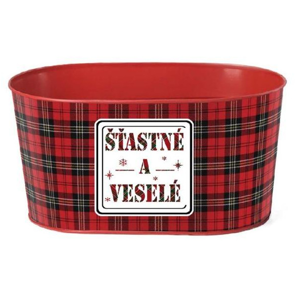 Kvetináč plechový 225x110 mm oválny, "Šťastné a veselé", červená, čierna, zelená