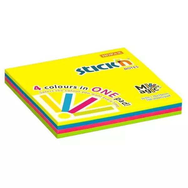 Samolepiaci bloček 76x76mm MAGIC 4 neónové farby 100 lístkov