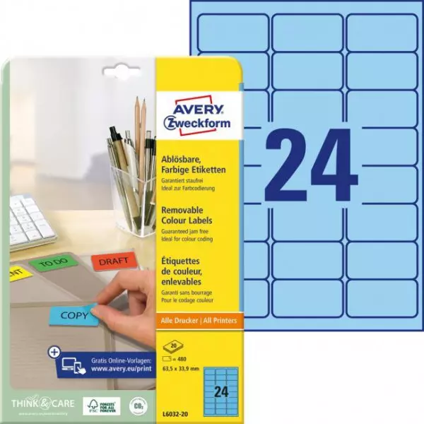 Etikety Avery odnímateľné 63,5x33,9 mm, modré