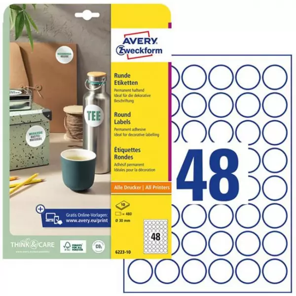 Etikety univerzálne kruhové 30mm Avery A4 10 hárkov