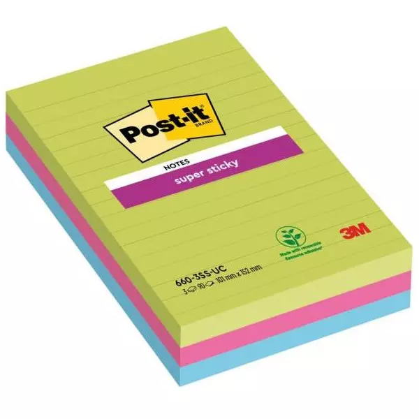 Bloček Post-it Super Sticky 101 mm x 152 mm XXL, dúhové farby, linajkové, 3 bločky po 90 lístkov