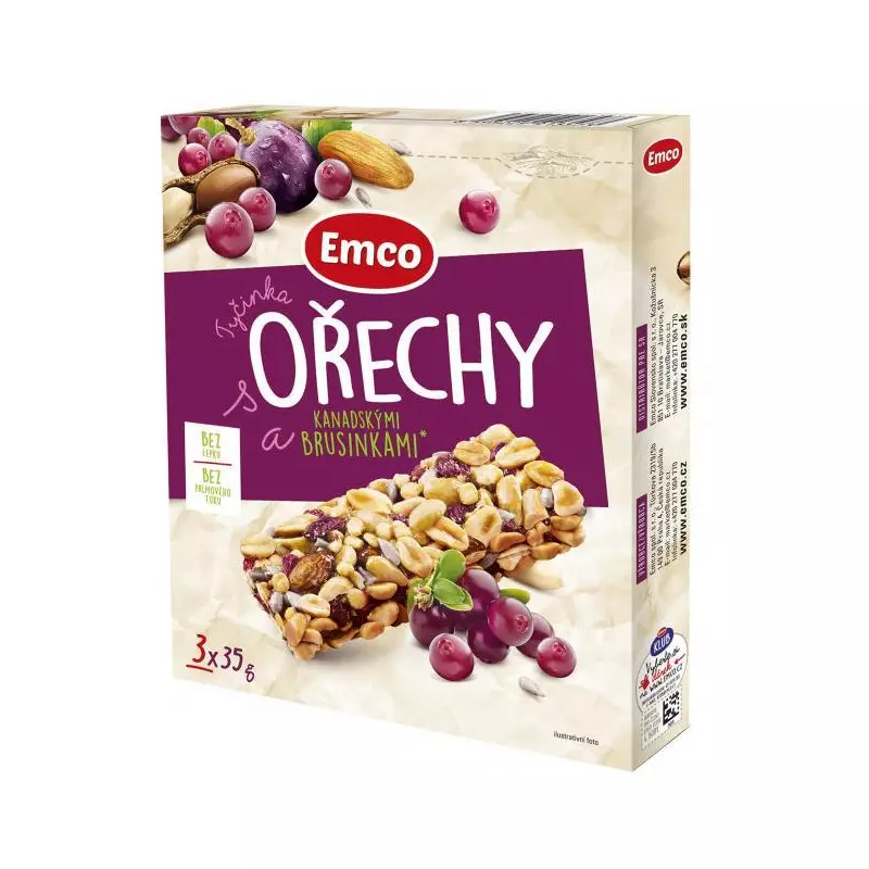 Tyčinka Emco s orechami a kanad. brusnicami 3 x 35 g Tyčinka Emco s orechami a kanad. brusnicami 3 x 35 g