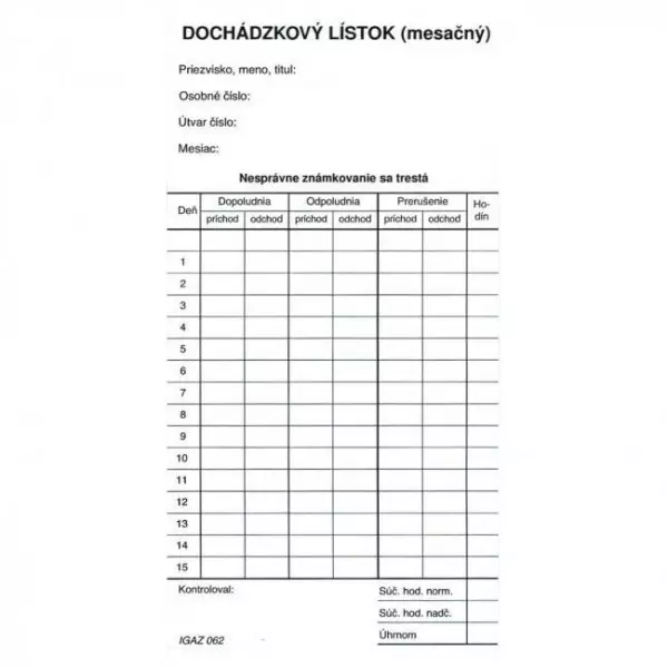 Dochádzkový lístok mesačný (kartón)