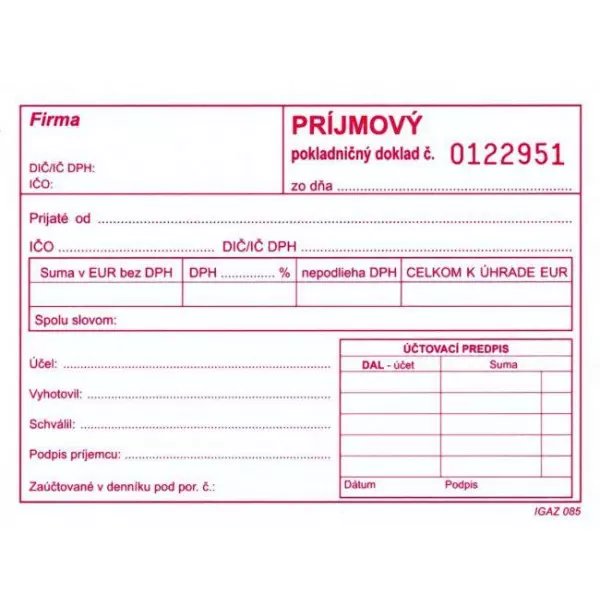 Príjmový pokl.doklad A6 s DPH číslov.samoprepis