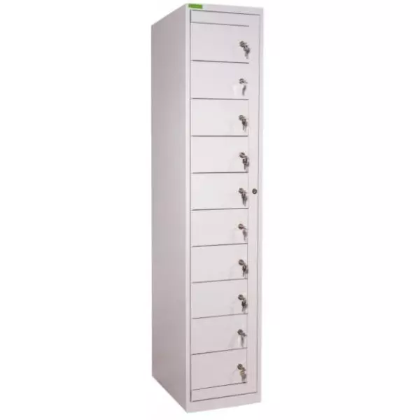 Skriňa na výdaj pracovného oblečenia s 10 priehradkami, uzamykateľná, v.182 x š.38 x h.45cm, RAL7035 sivá