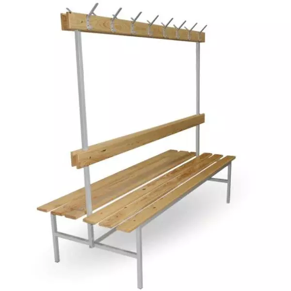 Šatníková lavica obojstranná s opierkou a vešiakmi, v.160 x š.150 x h.69cm, RAL7035 sivá, drevo lipa