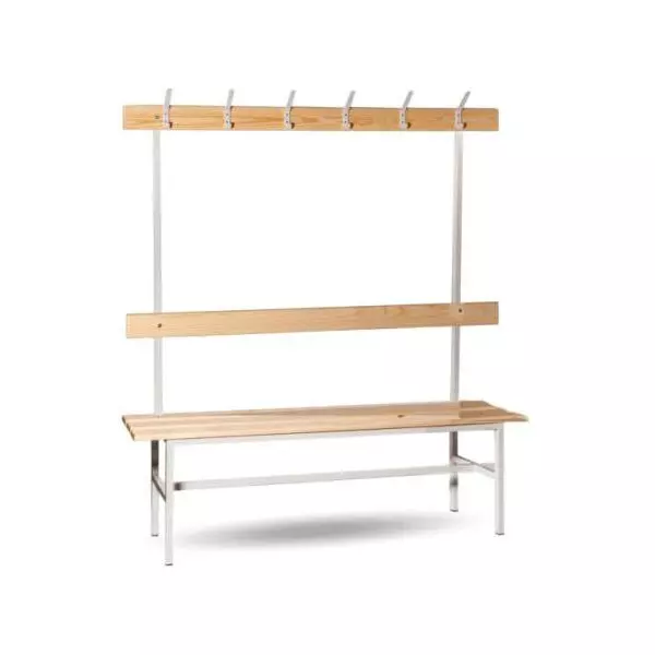 Šatníková lavica jednostranná s opierkou a vešiakmi, v.160 x š.150 x h.33cm, RAL7035 sivá, drevo lipa