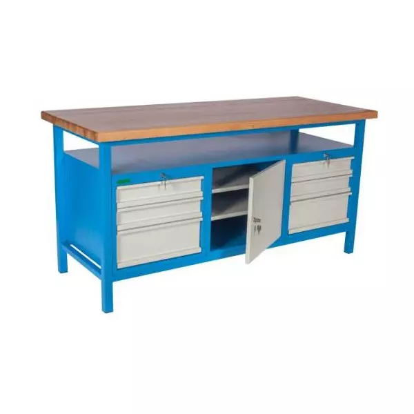 Pracovný stôl so skrinkou a 6 zásuvkami, v.85 x š.170 x h.68,5cm, RAL7035 sivá, RAL5015 modrá